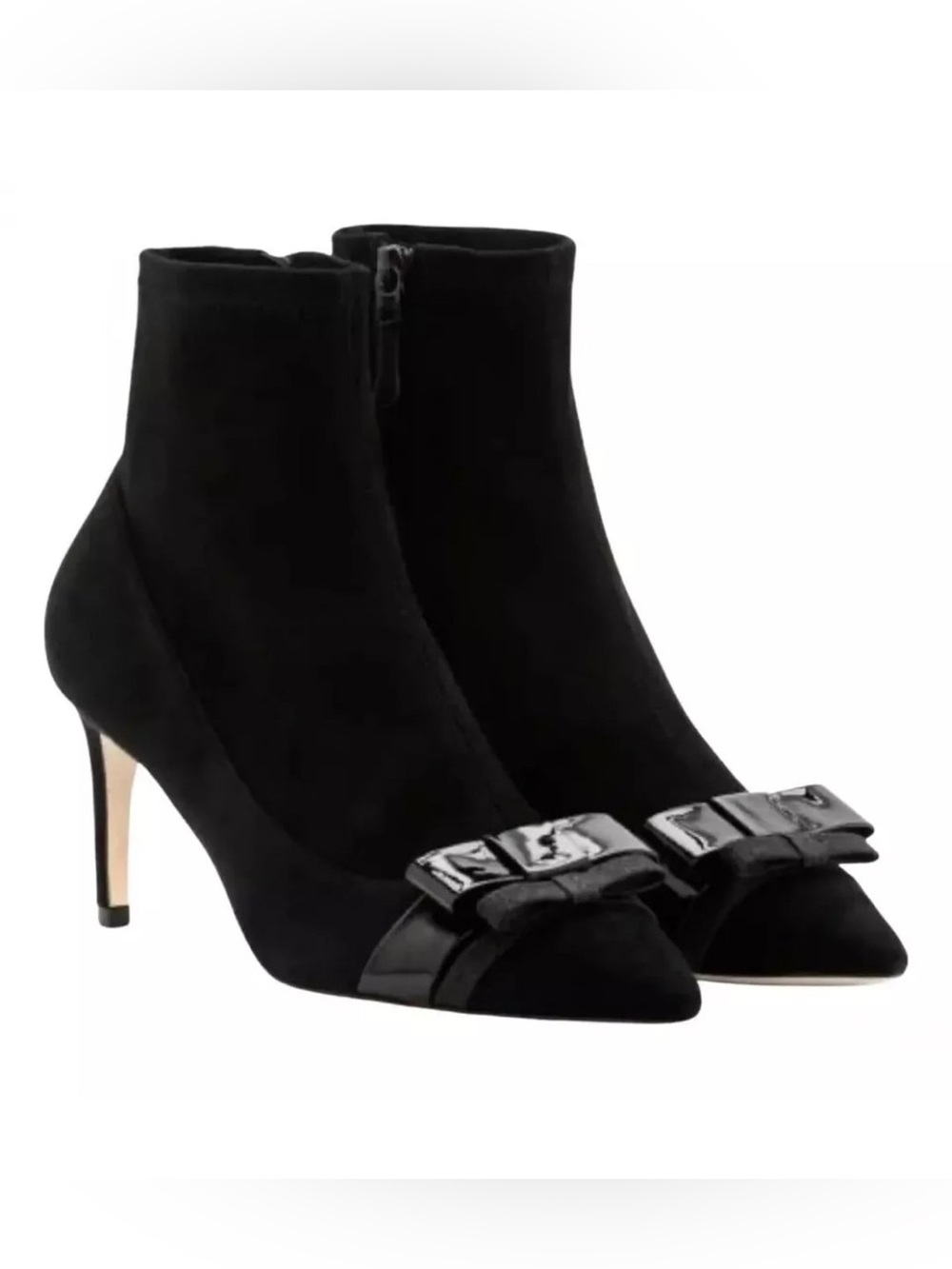 $975 SOPHIA WEBSTER ANDIE DOUBLE BOW STRETCH SUEDE ANKLE BOOTS